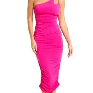 THE FASHION POET Asymmetrical Neck Ruched Dress Hot Fuchsia Size Large